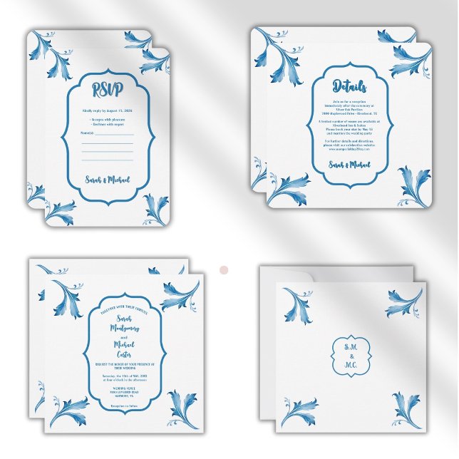 Mediterranean Blue Floral Tile Monogram Invitation (indigo blue,azulejo tile,portuguese tiles,blue tile pattern,classic tile art,vintage tile design,)