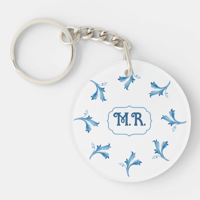 Mediterranean Blue Floral Tile Monogram Key Ring (Front)