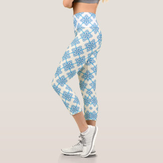 Mediterranean Blue Floral Tile Pattern Capri Leggings