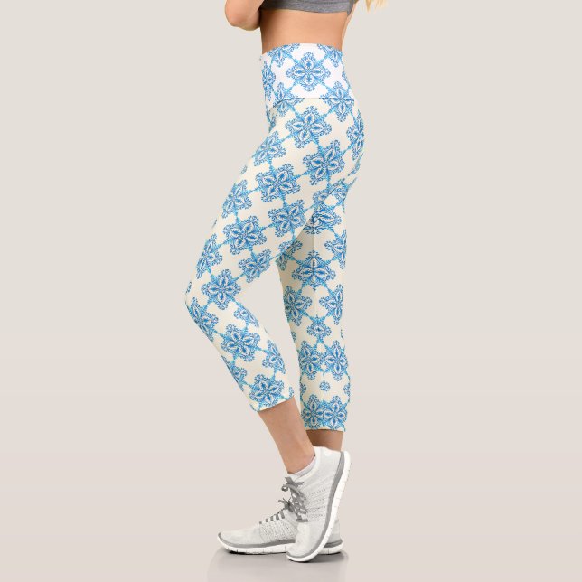 Mediterranean Blue Floral Tile Pattern Capri Leggings (Left)