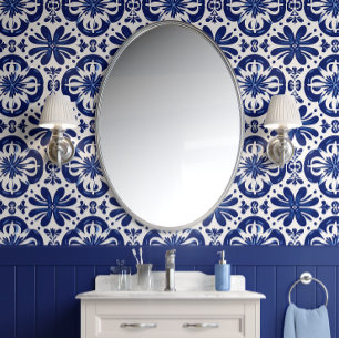 Mediterranean Blue Flourish Indigo & White Trad Wallpaper