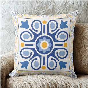 Mediterranean Blue & Gold Floral Tile Throw Pillow