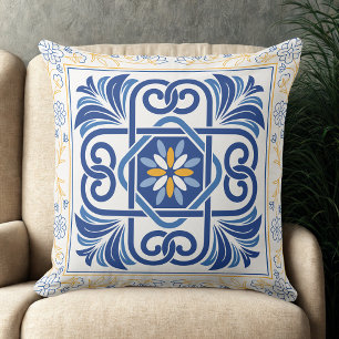  Mediterranean Blue & Gold Floral Tile vintage  Cushion