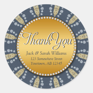 Mediterranean Blue + Gold Thank You round Stickers