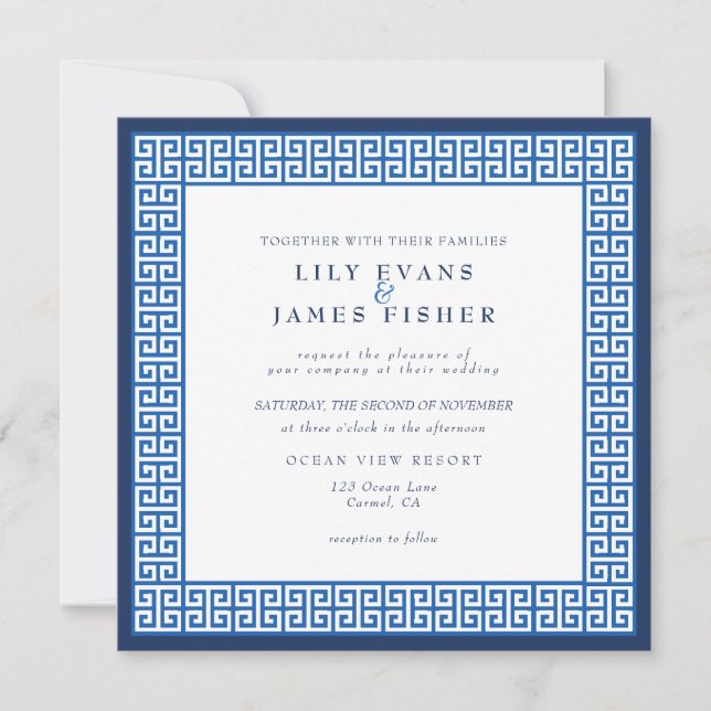 Mediterranean Blue Greek Key Italic Wedding Invitation (Front)