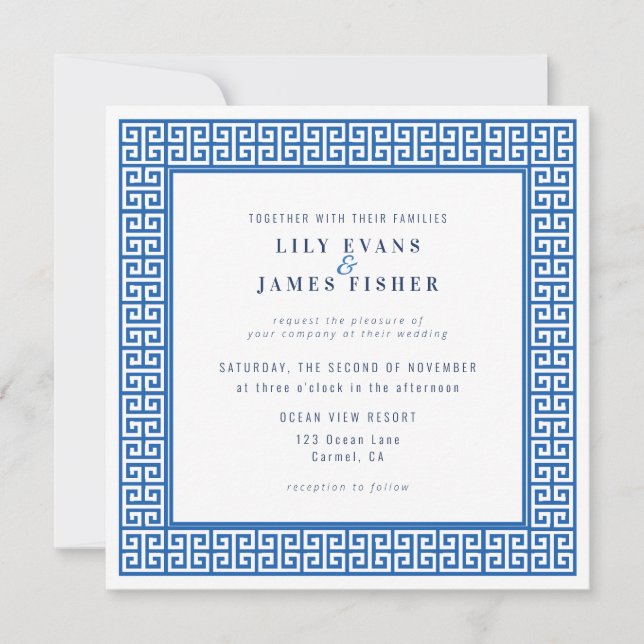 Mediterranean Blue Greek Key Wedding Invitation (Front)