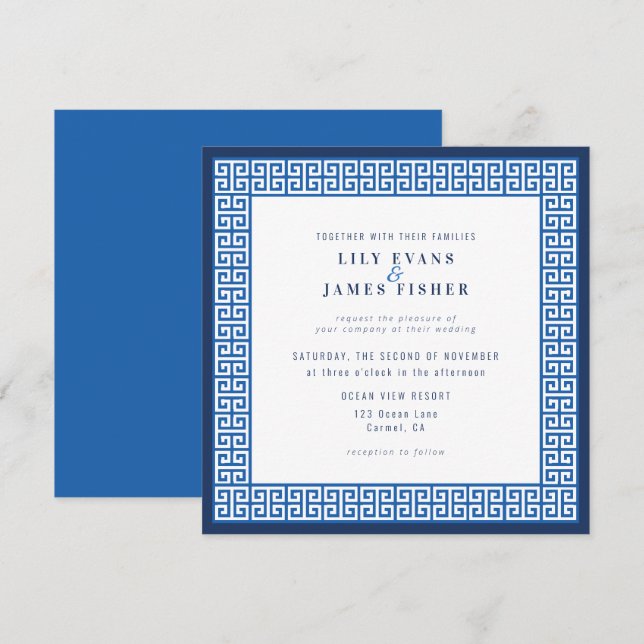 Mediterranean Blue Greek Key Wedding Invitation (Front/Back)