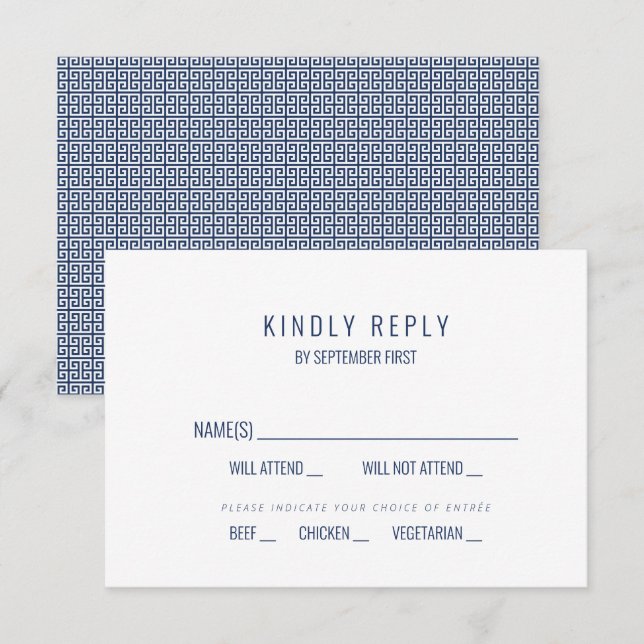 Mediterranean Blue Greek Key Wedding Response RSVP Invitation (Front/Back)