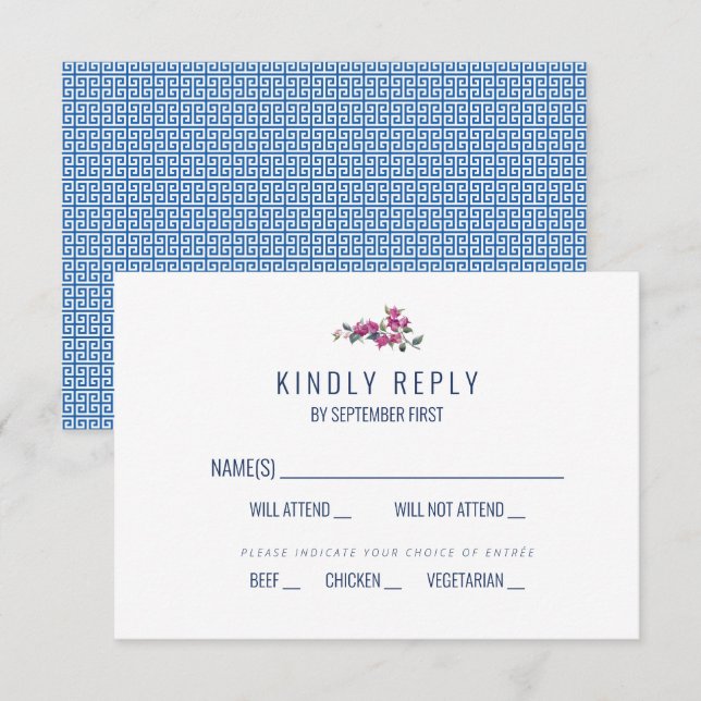 Mediterranean Blue Greek Key Wedding Response RSVP Invitation (Front/Back)