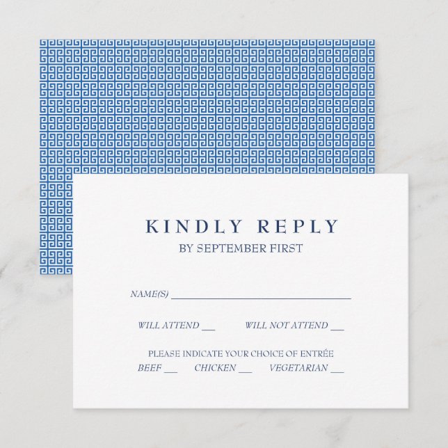 Mediterranean Blue Greek Key Wedding RSVP Italic Invitation (Front/Back)