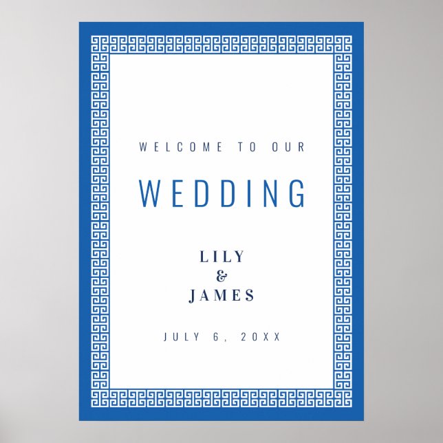 Mediterranean Blue Greek Key Wedding Welcome Sign (Front)