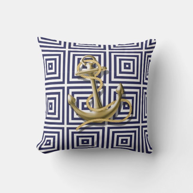 Mediterranean blue Greek Pattern Nautical Anchor Cushion (Front)