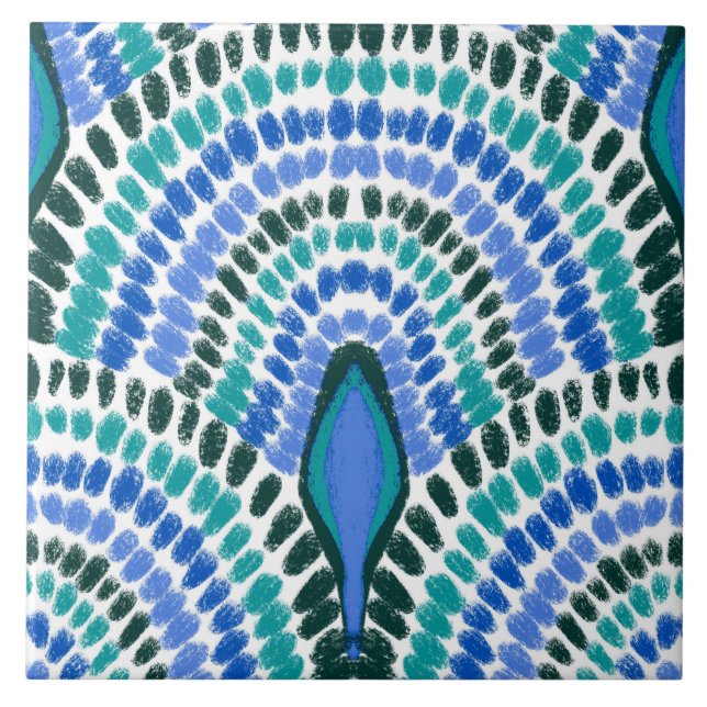 Mediterranean Blue Green Mosaic Painted Scallops Tile (Front)