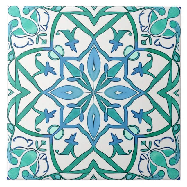 Mediterranean Blue Green Ornate Decorative Pattern Tile (Front)