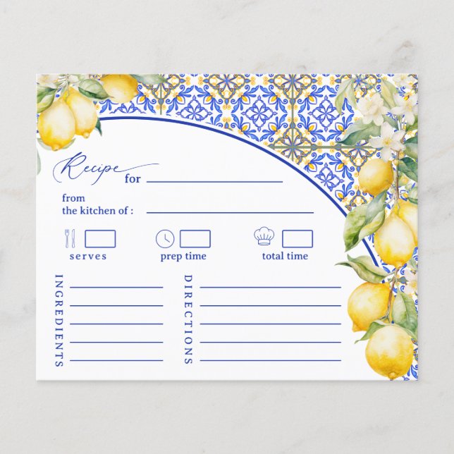Mediterranean Blue Lemon Bridal Shower Recipe Card (Front)