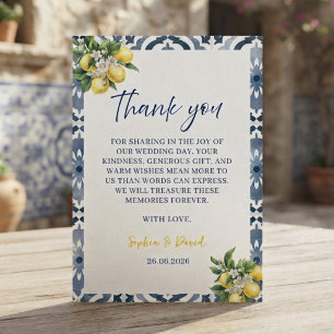 Mediterranean Blue Lemon Watercolor Wedding Thank  You Card