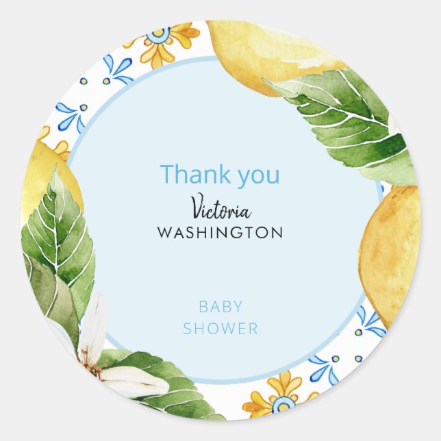  Mediterranean Blue & Lemons Baby Shower Thank You Classic Round Sticker (Front)
