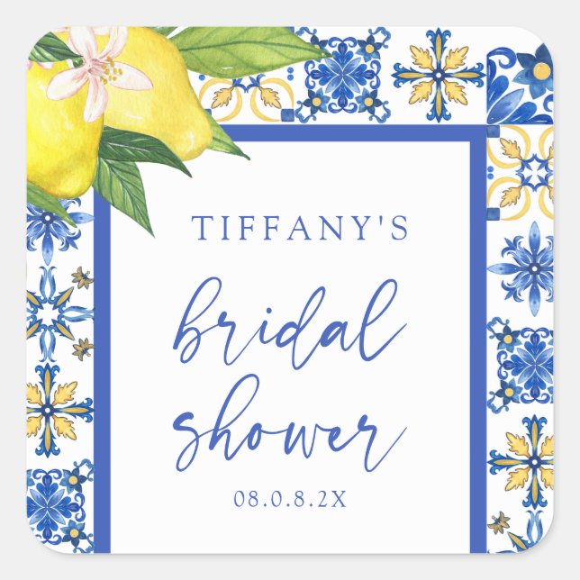 Mediterranean Blue Lemons Bridal Shower Thank You Square Sticker (Front)