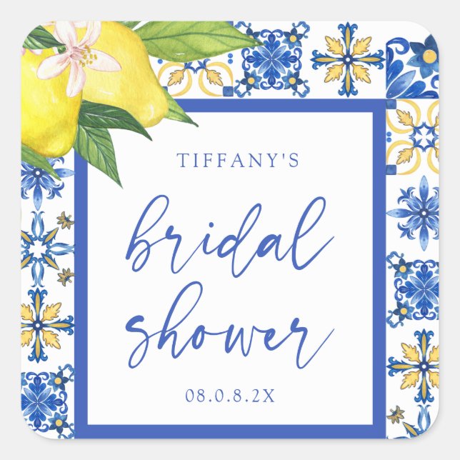 Mediterranean Blue Lemons Bridal Shower Thank You Square Sticker (Front)