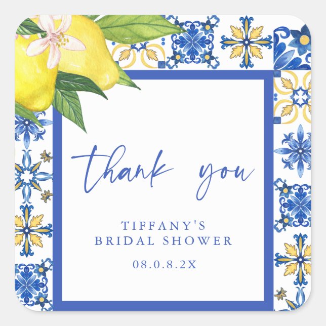 Mediterranean Blue Lemons Bridal Shower Thank You Square Sticker (Front)