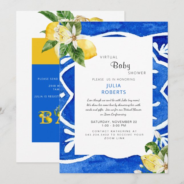 Mediterranean Blue Lemons Virtual Baby Shower Invitation (Front/Back)