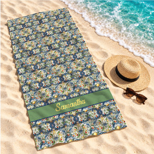 Mediterranean Blue Majolica Citrus Lemon Tile Beach Towel