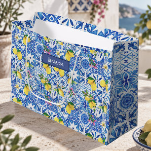 Mediterranean Blue Majolica Sicilian Citrus Large Gift Bag