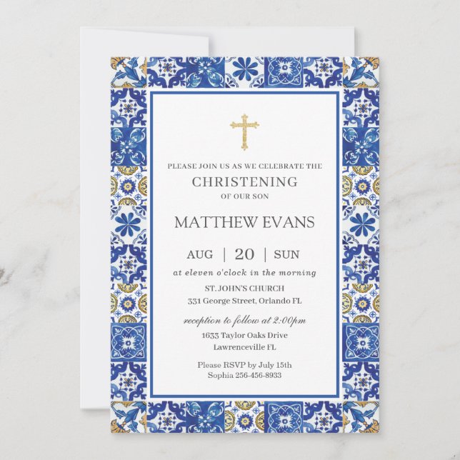 Mediterranean Blue Mosaic Tiles Christening Invitation (Front)