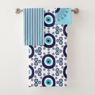 Mediterranean Blue Nazar Evil Eye Mandala Circles Bath Towel Set