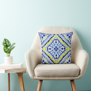 Mediterranean Blue Neon Mosaic-Hand-Painted Cushion