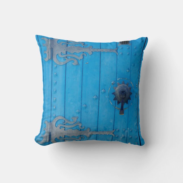Mediterranean Blue Old Wooden Door Striped Tunisia Cushion (Front)