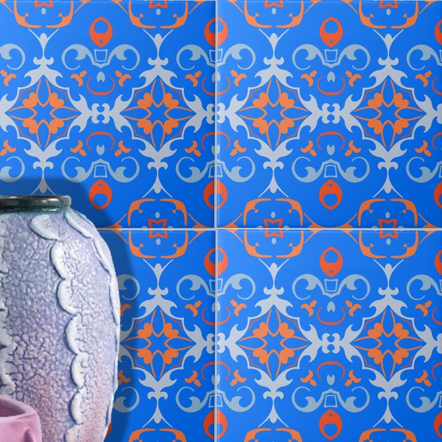 Mediterranean Blue Orange Damask Pattern  Tile (Creator Uploaded)