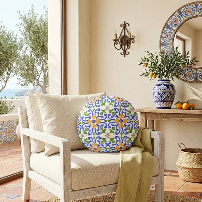 Mediterranean Blue Orange Green Spanish Pattern Round Cushion (Creator Uploaded)