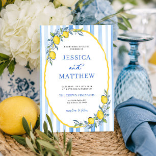 Mediterranean Blue Striped Lemon Wedding Invitation