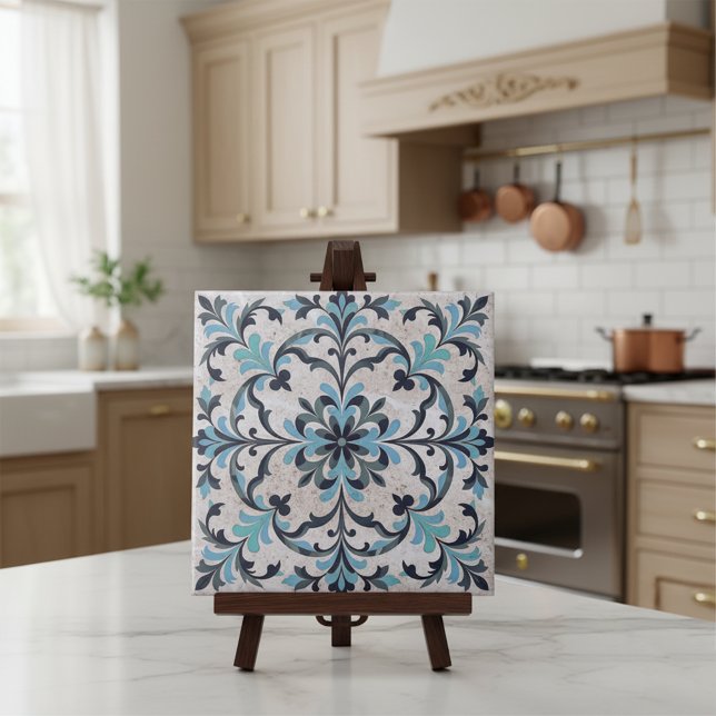Mediterranean Blue Teal Antique Damask Flourish Tile (Creator Uploaded)