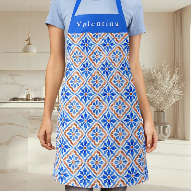 Mediterranean Blue Terracotta Tile Personalised Apron (A stylish kitchen apron with blue, terracotta and white tile pattern in a Mediterranean style)