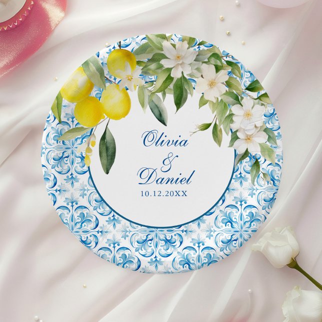Mediterranean Blue Tile and Lemon Wedding Paper Plate (Mediterranean Blue Tiles and Lemons Wedding Paper Plates on a table with a white rose.)