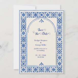 Mediterranean Blue Tile Arch Watercolor Wedding Invitation