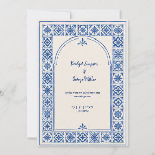 Mediterranean Blue Tile Arch Watercolor Wedding Invitation