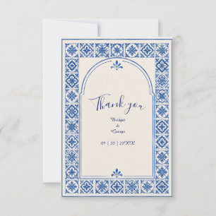 Mediterranean Blue Tile Arch Watercolor Wedding Thank You Card