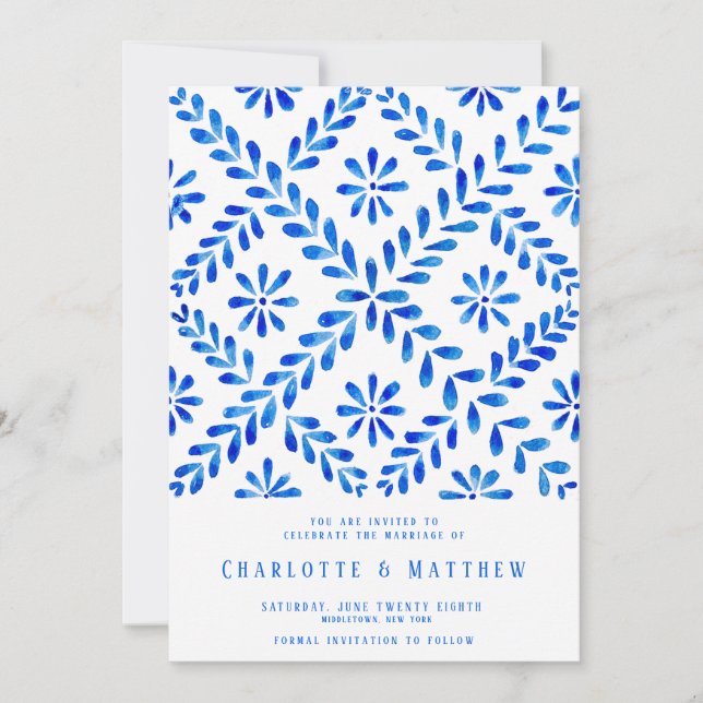 Mediterranean Blue Tile Beach Summer Wedding Save The Date (Front)