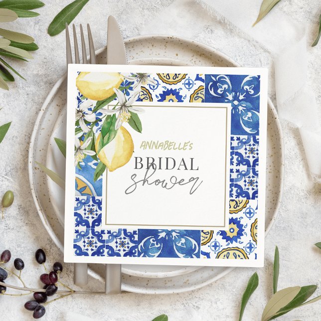 Mediterranean Blue Tile Citrus Lemon Bridal Shower Napkin (Creator Uploaded)