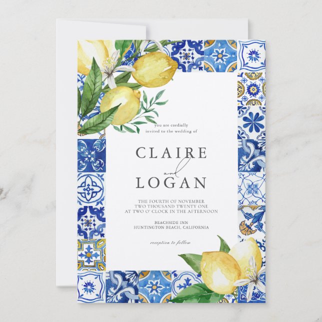 Mediterranean Blue Tile Citrus Lemon Wedding Invitation (Front)