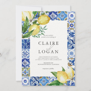 Mediterranean Blue Tile Citrus Lemon Wedding Invitation