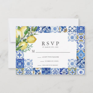 Mediterranean Blue Tile Citrus Lemon Wedding RSVP Card