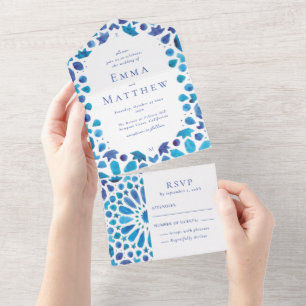 Mediterranean Blue Tile Coastal Wedding  All In One Invitation