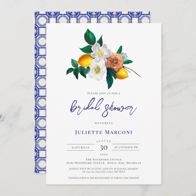 Mediterranean Blue Tile Floral Lemon Bridal Shower Invitation (Front/Back)