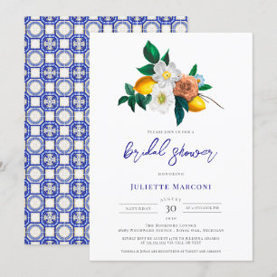 Mediterranean Blue Tile Floral Lemon Bridal Shower Invitation