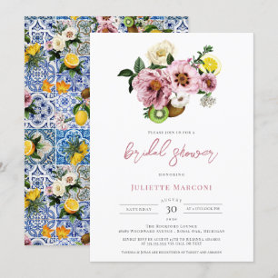 Mediterranean Blue Tile Floral Lemon Bridal Shower Invitation