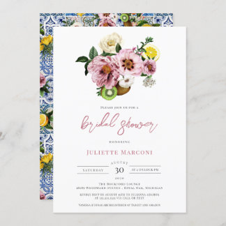 Mediterranean Blue Tile Floral Lemon Bridal Shower Invitation